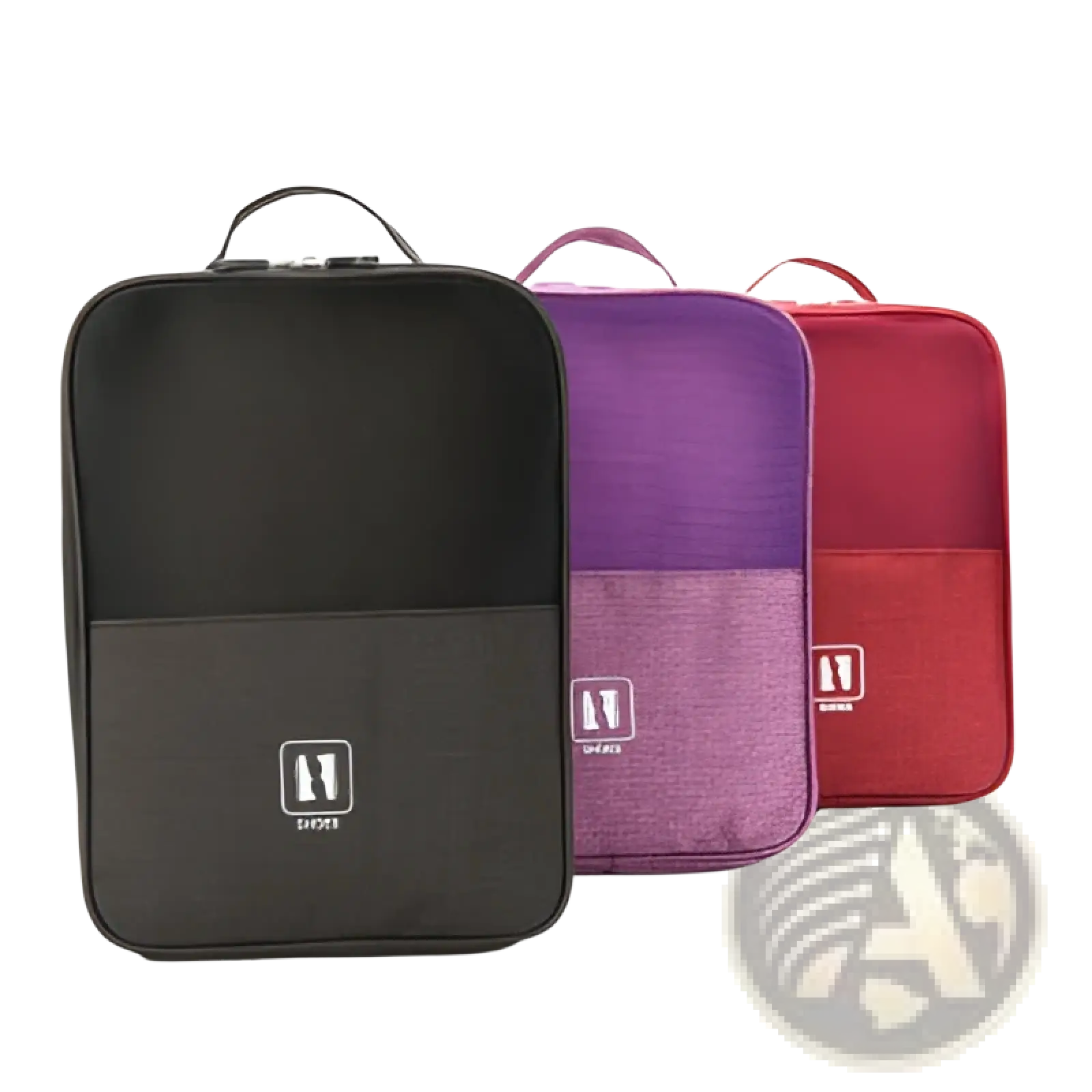 Black mesh shoe storage bag with dark gray lower panel and white logo portable travel luggage organizer