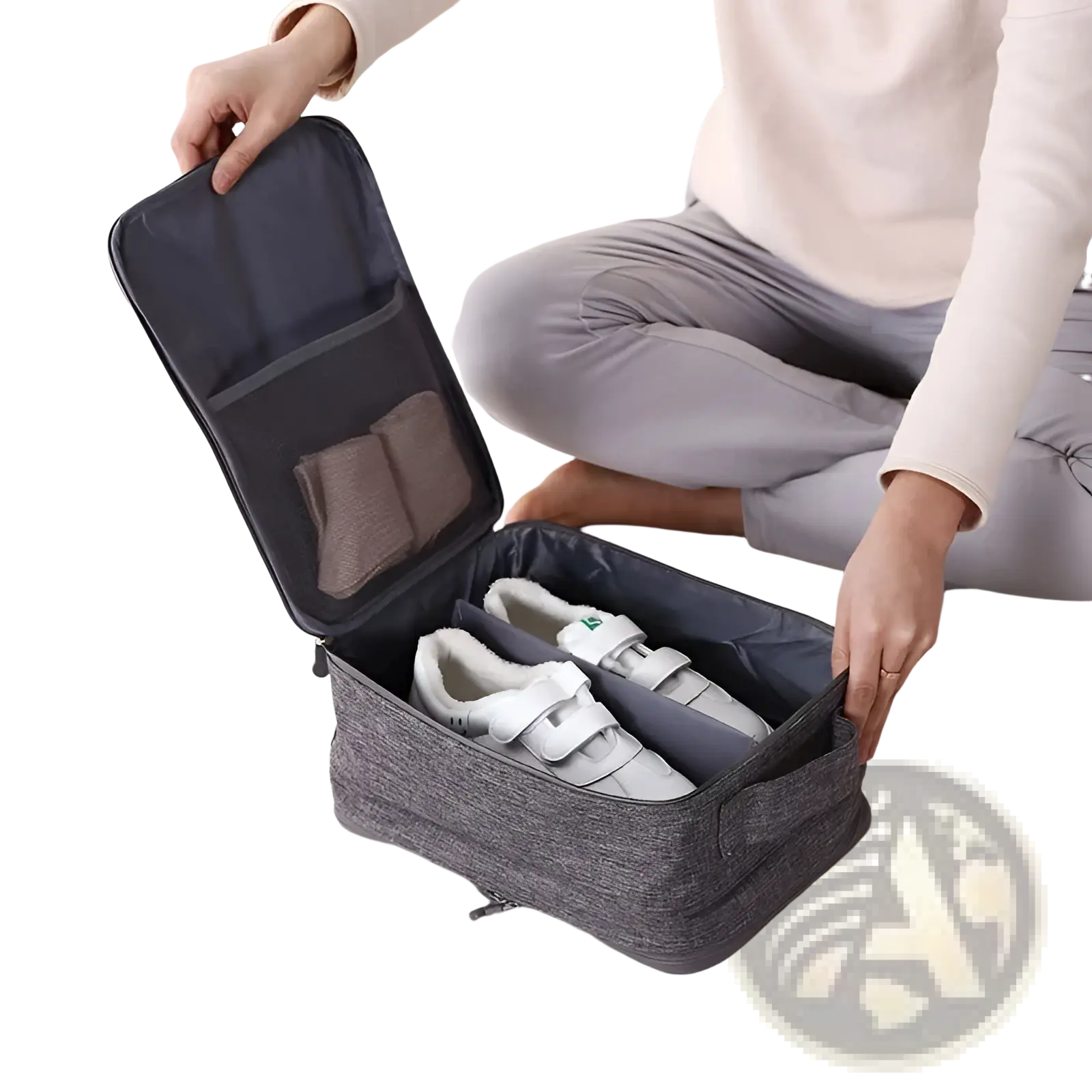 Gray textured fabric shoe storage bag with mesh interior compartments for portable travel luggage organization