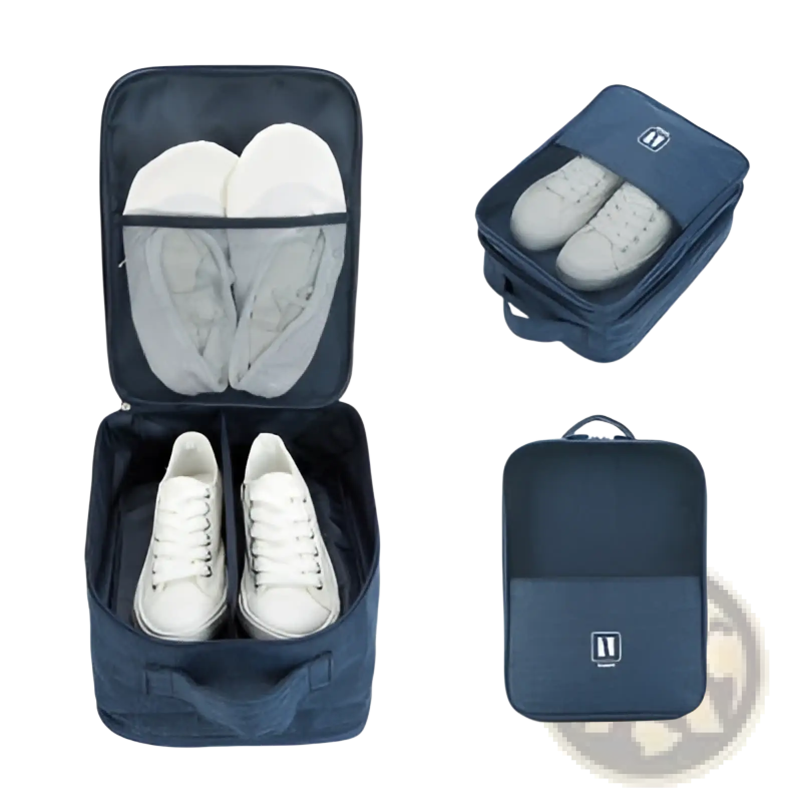 Navy blue fabric shoe storage bag with mesh compartments and top handle for portable travel luggage organization