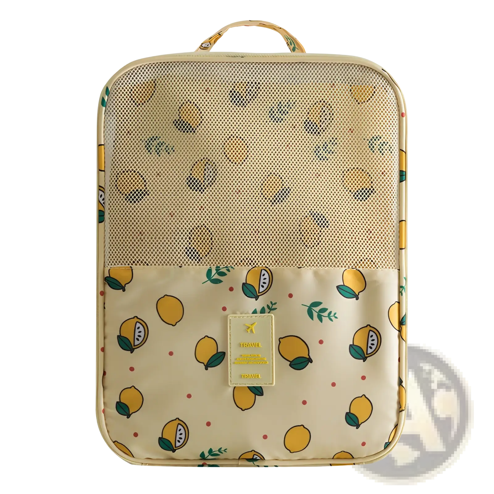 Beige lemon-themed mesh shoe storage bag with printed yellow lemons, green leaves, and gold travel label for portable luggage organization
