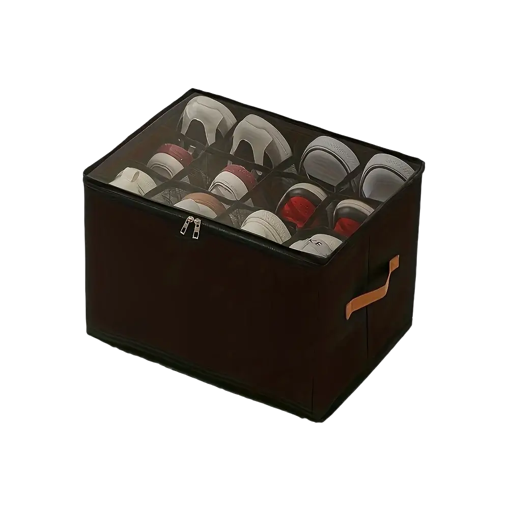Black fabric foldable oxford shoe storage organizer with transparent top and tan handle for efficient storage