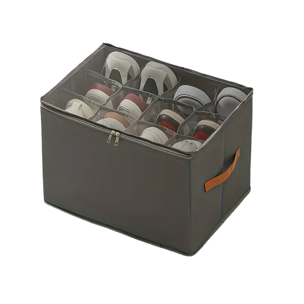 Dark gray foldable oxford fabric shoe storage organizer with transparent compartments and tan leather handle