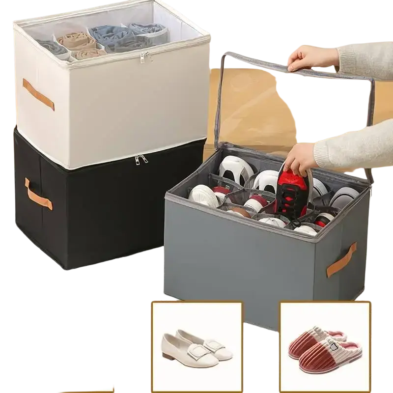 Gray fabric shoe storage organizer with transparent lid and orange handles made of foldable oxford fabric box