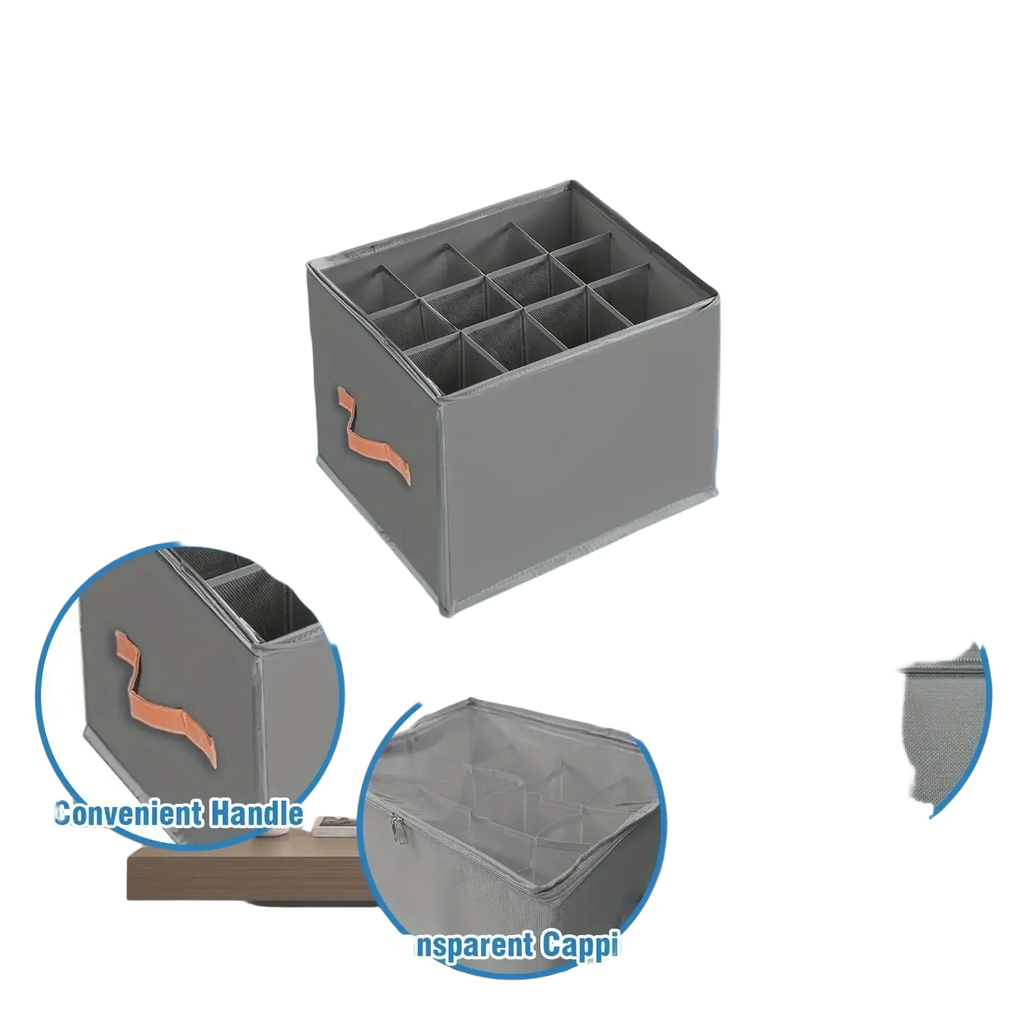 Gray fabric shoe storage organizer box with handle double zipper and transparent capping for easy access