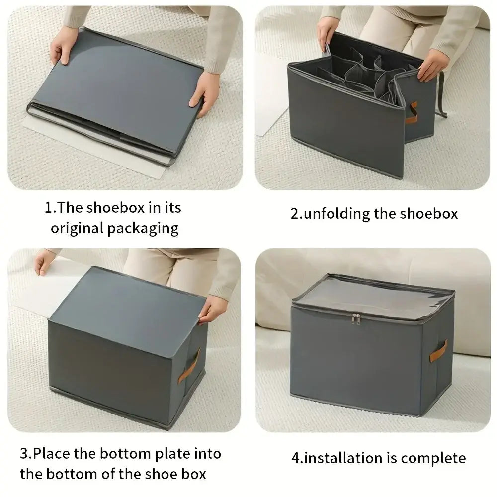 Gray oxford fabric shoe storage organizer box with brown handles and clear zipper-top lid for foldable storage