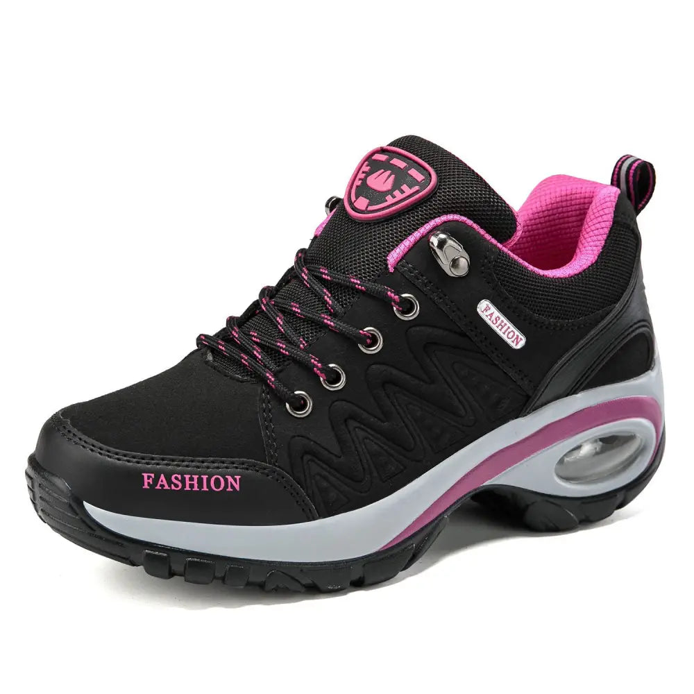 Women’s purple and black air cushion athletic hiking shoes with cushioned heel air unit mesh upper and silver eyelets