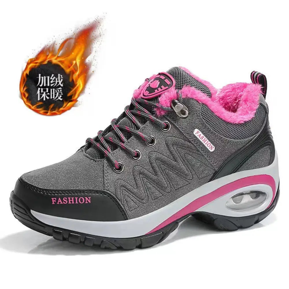 Women’s purple and black air cushion athletic hiking shoes with gray and pink mesh upper and plush pink lining