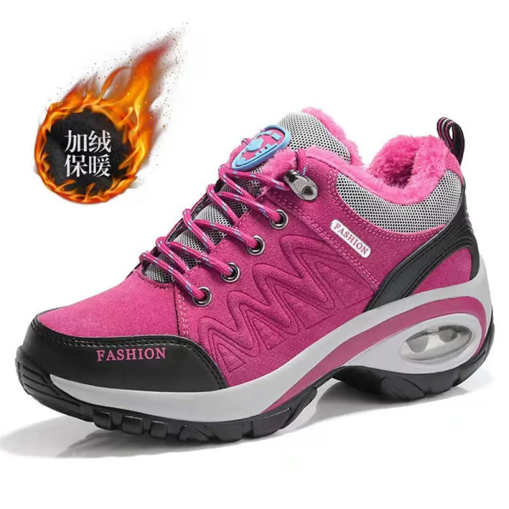 Women’s purple and black air cushion athletic hiking shoe with plush pink lining mesh panels and air-cushioned sole