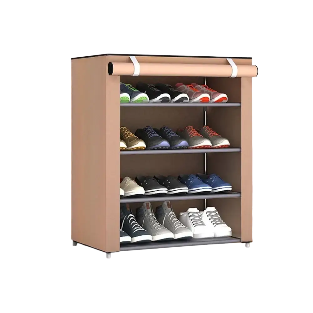 Beige fabric shoes rack shoe storage organizer with four shelves and roll-up top for efficient shoe storage
