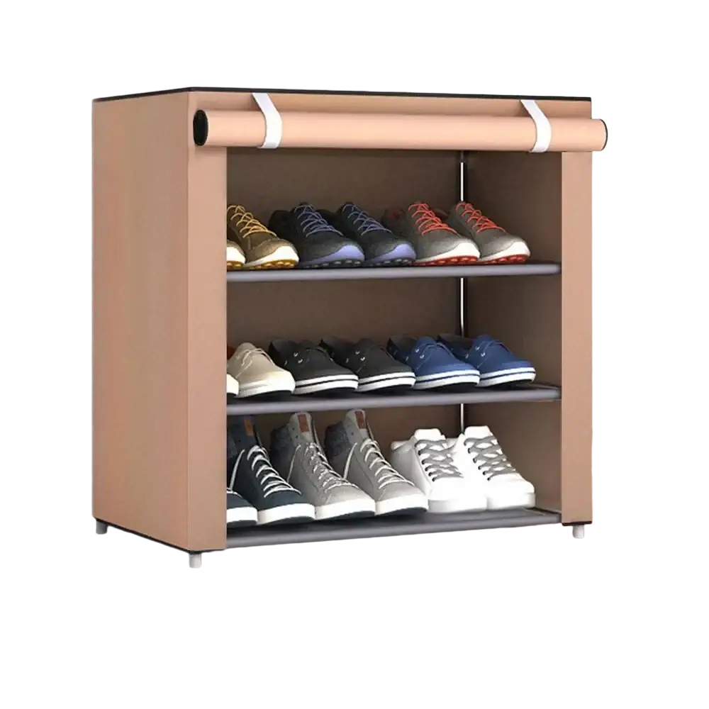 Beige fabric shoes rack shoe with three shelves and roll-up top for efficient shoe storage organizer use