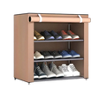 Beige fabric shoes rack shoe with three shelves and roll-up top for efficient shoe storage organizer use