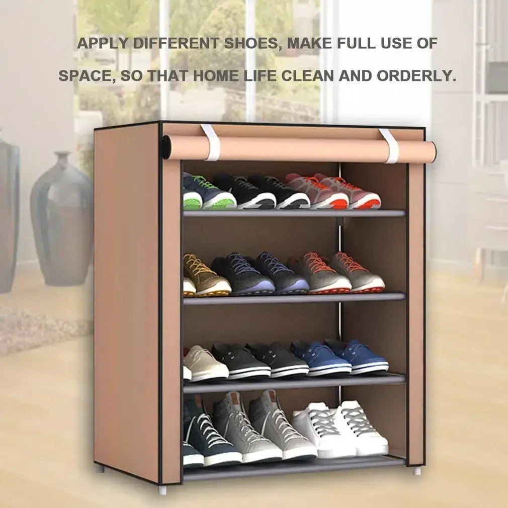 Beige fabric shoes rack shoe with four shelves and roll-up top for efficient shoe storage organizer use