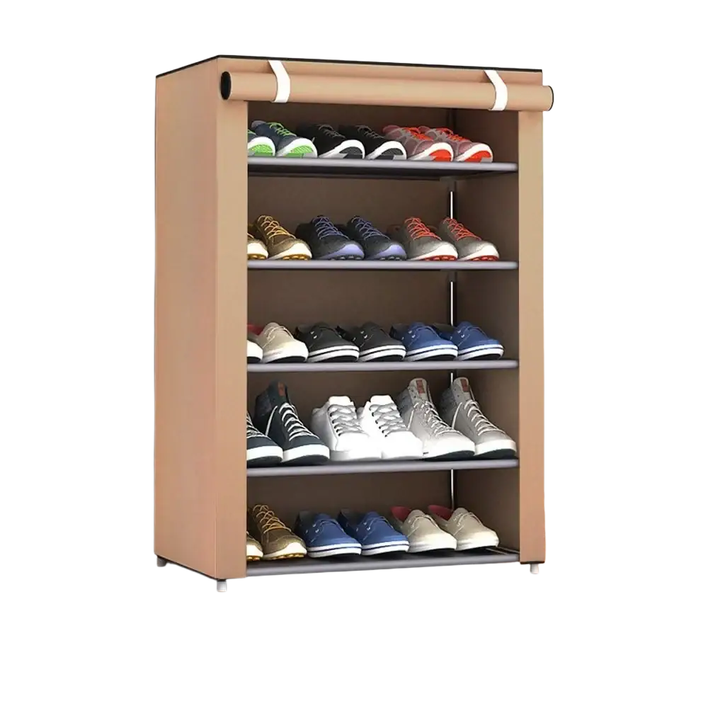 Beige fabric shoes rack shoe with five shelves holding various sneakers for practical shoe storage organizer use