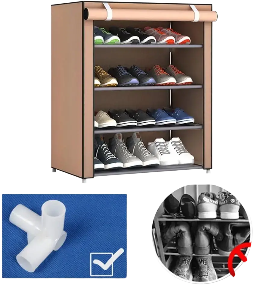 Beige fabric shoes rack shoe with four shelves and a roll-up top for efficient shoe storage organizer use