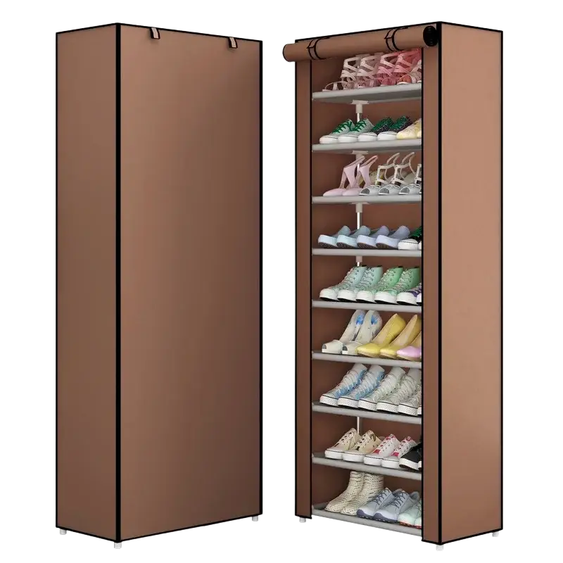 Beige fabric shoes rack shoe storage organizer cabinet with multiple shelves holding various shoes