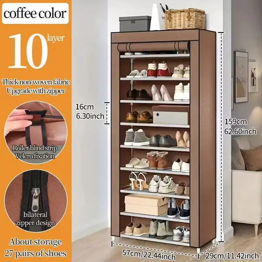 Coffee-colored 10-layer shoes rack shoe with thick non-woven fabric and zipper closure for shoe storage organizer
