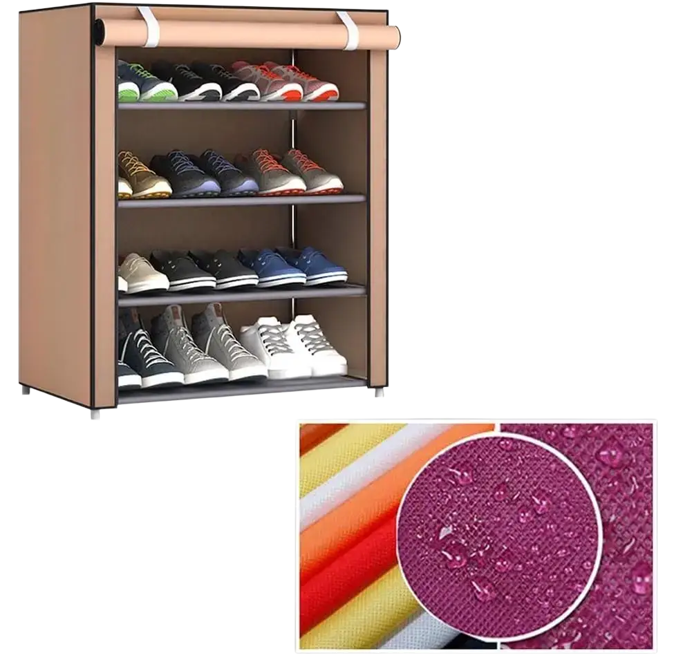 Beige non-woven fabric shoes rack shoe with four shelves and roll-up top for shoe storage organizer cabinet