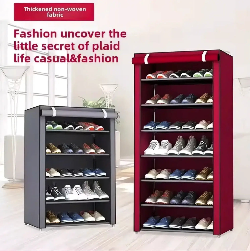 Beige fabric shoes rack shoe storage organizer with red and gray multi tier shelves for efficient footwear organization