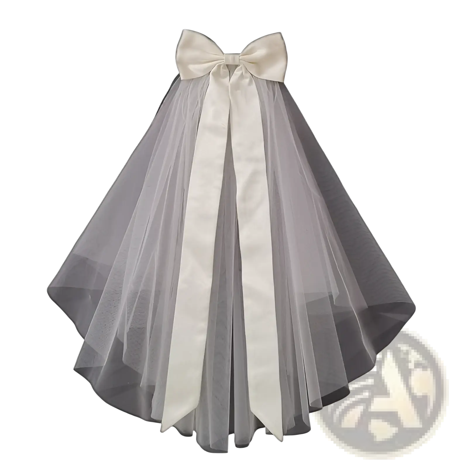 Short bridal veil features a delicate ivory satin bow on flowing translucent tulle with a silver hair comb