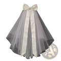 Short bridal veil features a delicate ivory satin bow on flowing translucent tulle with a silver hair comb