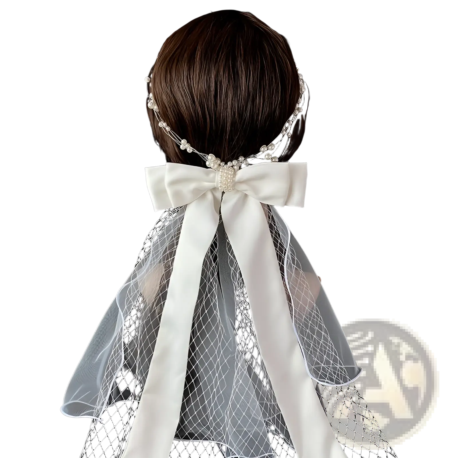 Short bridal veil with white satin bow, pearls, delicate mesh veil, and silver hair comb for wedding wear