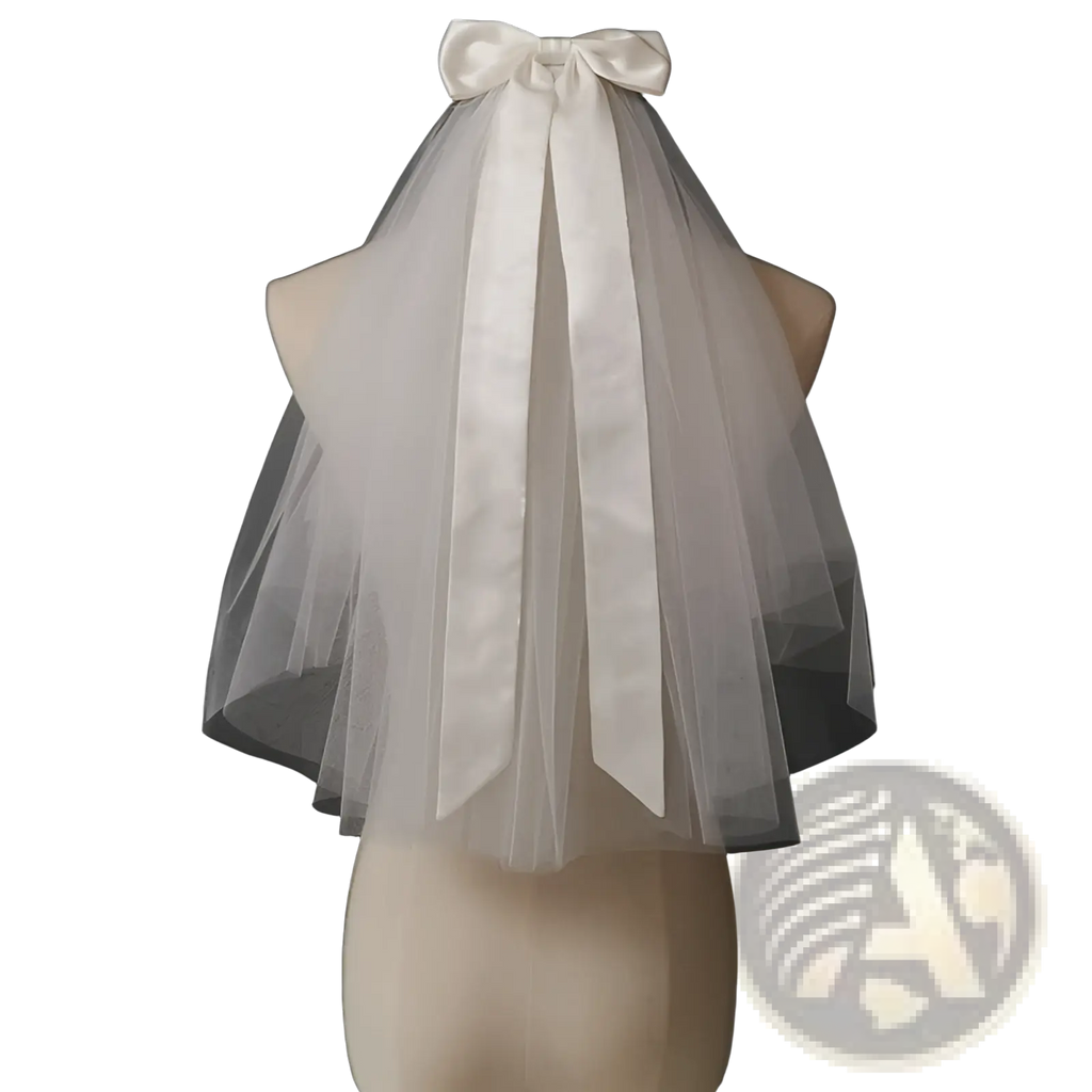 Short bridal veil in delicate white tulle with satin bow and silver hair comb for wedding use