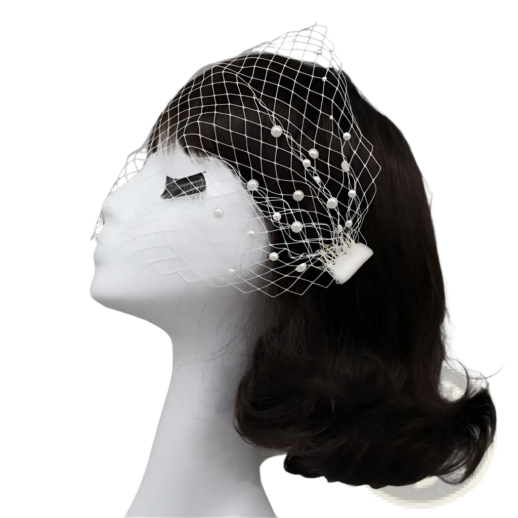 Short pearl beaded mesh bridal veil in white lace with scattered pearls and gold hair comb for secure attachment