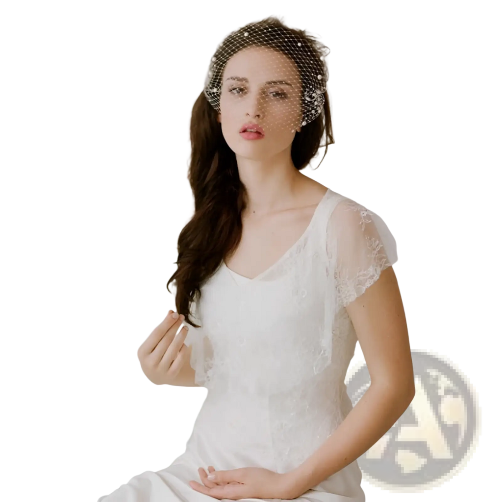 Short pearl beaded mesh bridal veil in delicate white lace with small pearls and gold hair comb attachment