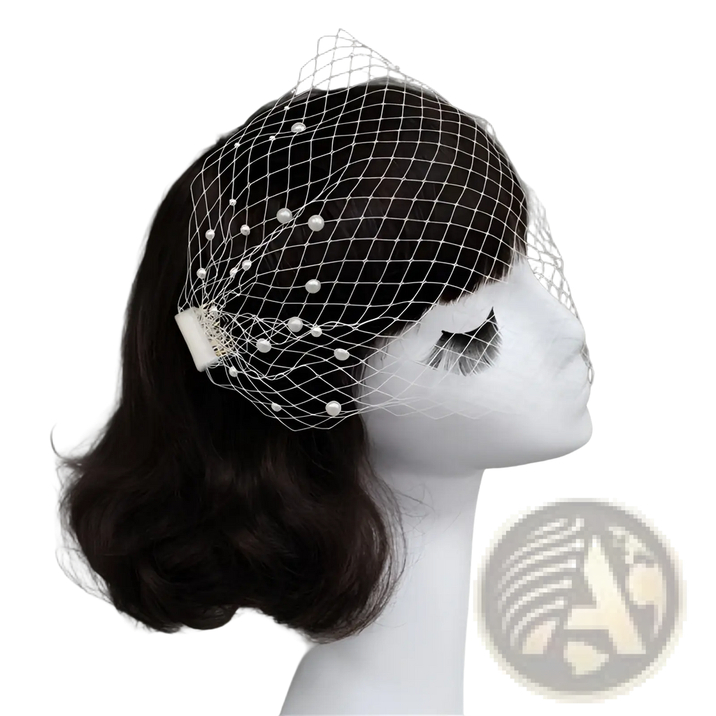 Short pearl beaded mesh bridal veil in white with delicate pearl accents clipped to dark hair with gold comb