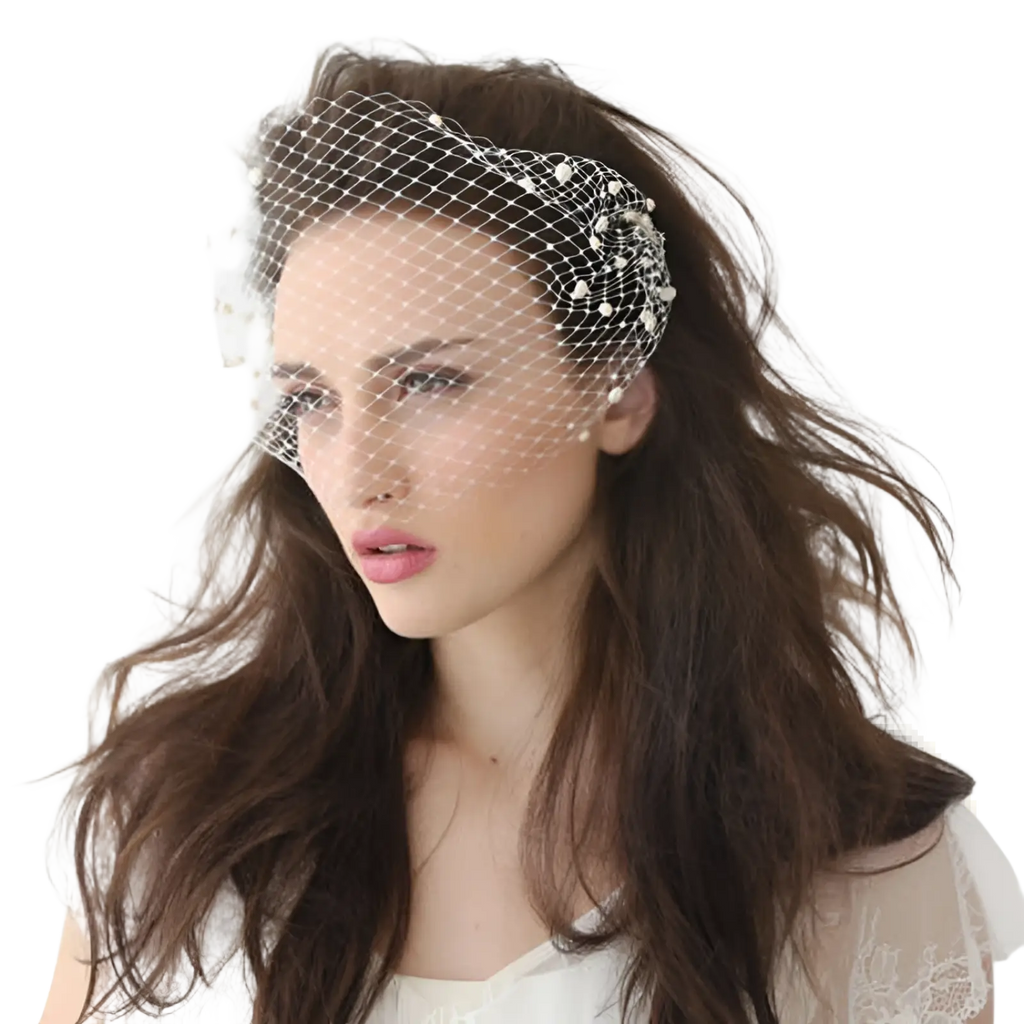 Short pearl beaded mesh bridal veil in white with delicate pearl accents and gold hair comb for weddings