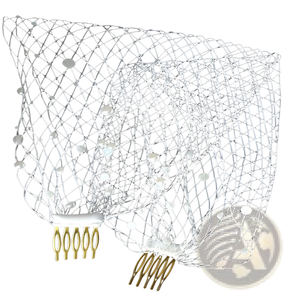 Short pearl beaded mesh bridal veil in white with gold-colored comb attachments for elegant wedding use
