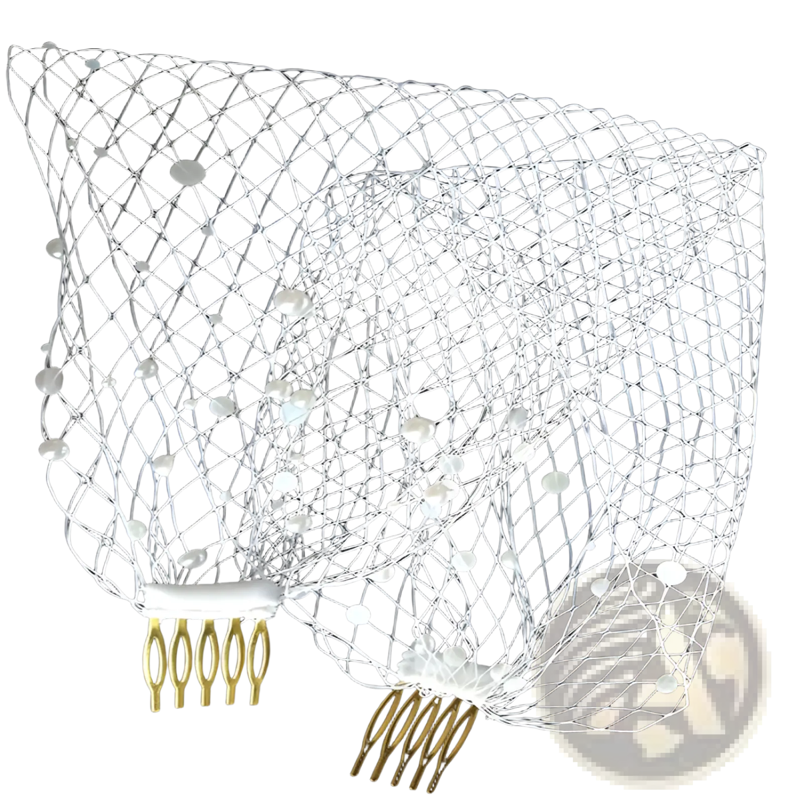Short pearl beaded mesh bridal veil in white with gold-colored comb attachments for elegant wedding use