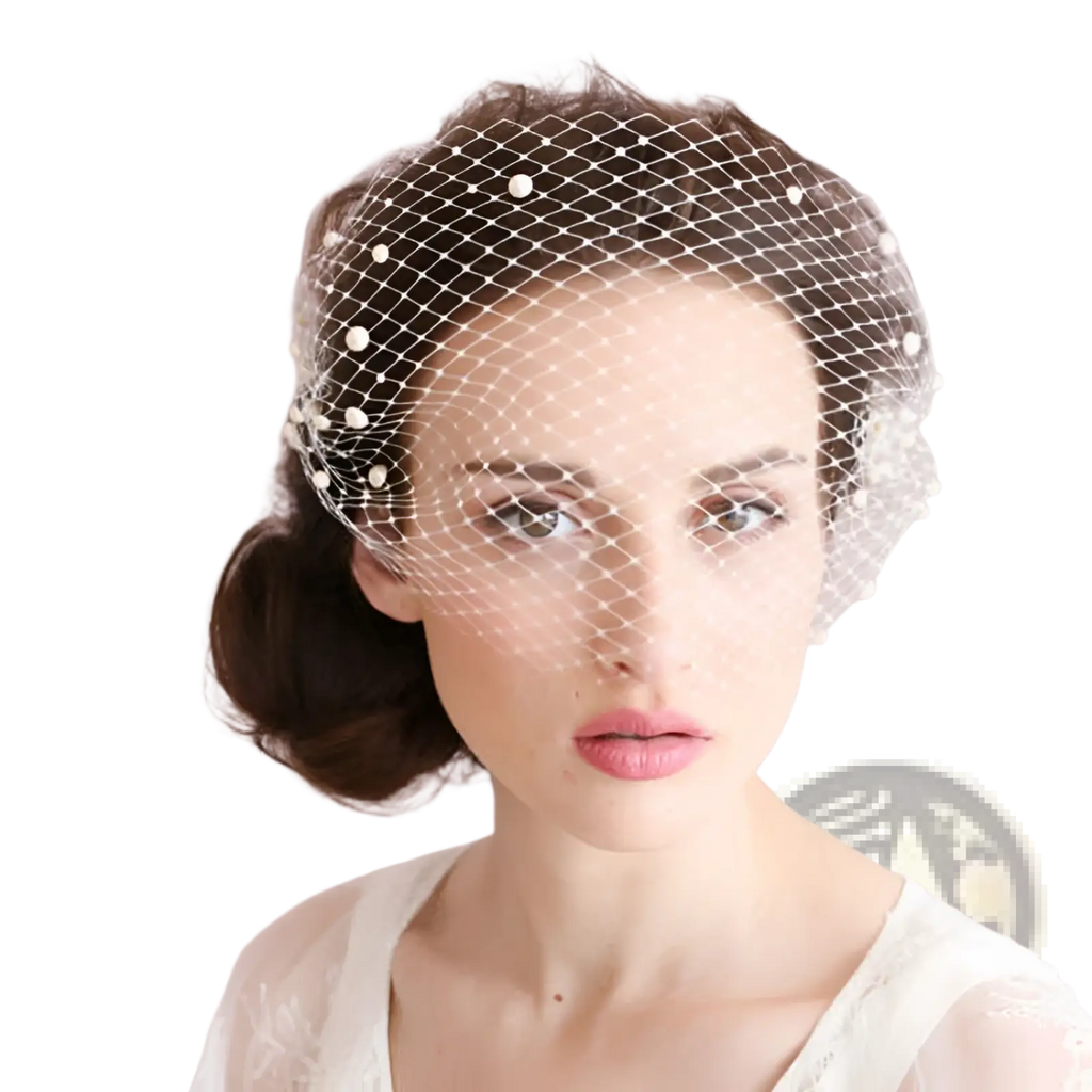 Short pearl beaded mesh bridal veil in white with delicate pearl edges and gold hair comb accessory