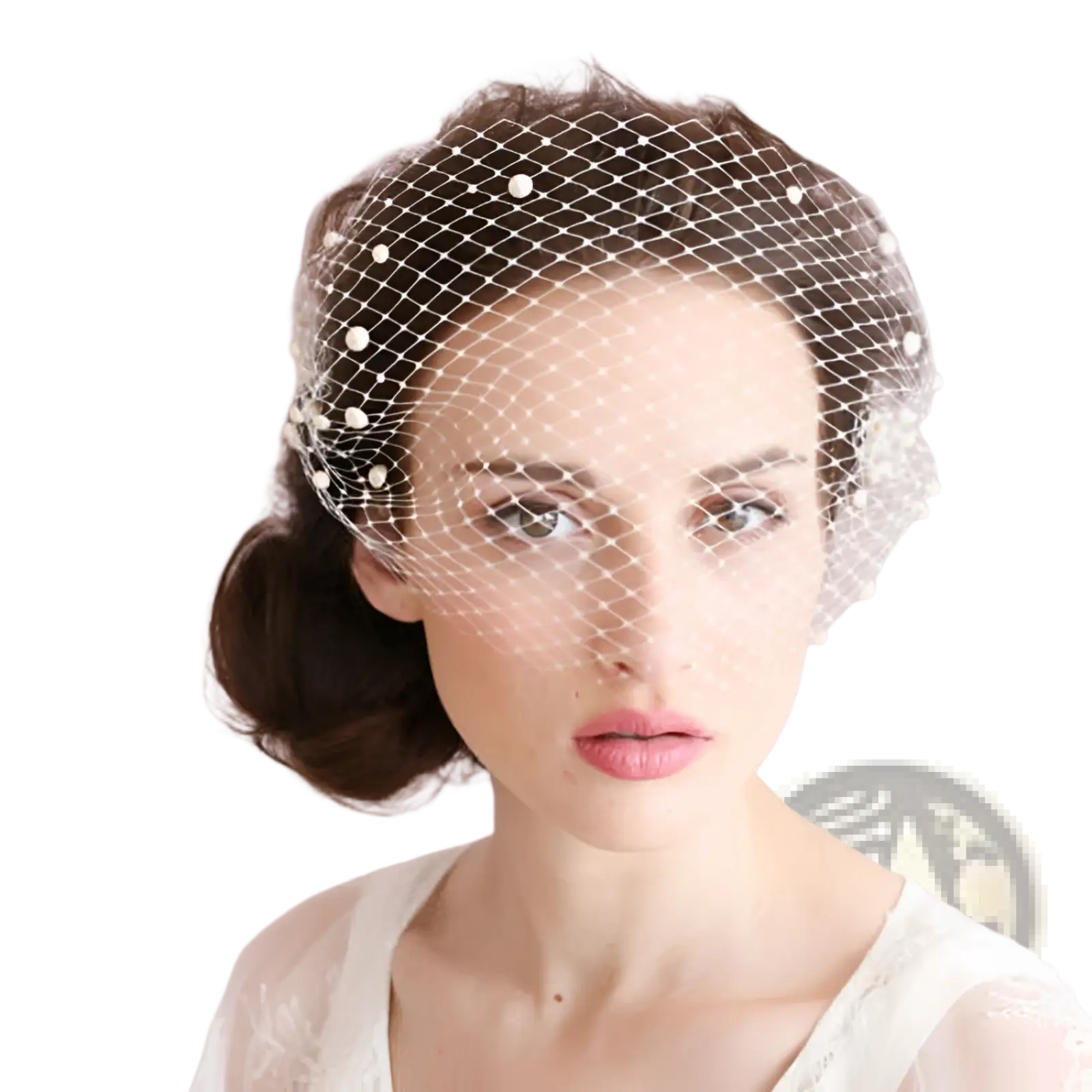 Short pearl beaded mesh bridal veil in white with delicate pearl edges and gold hair comb accessory