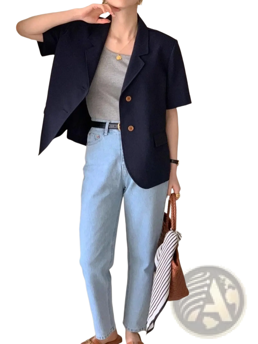 Navy blue short sleeve blazer for women with gold buttons and notched lapels in a relaxed fit casual jacket design