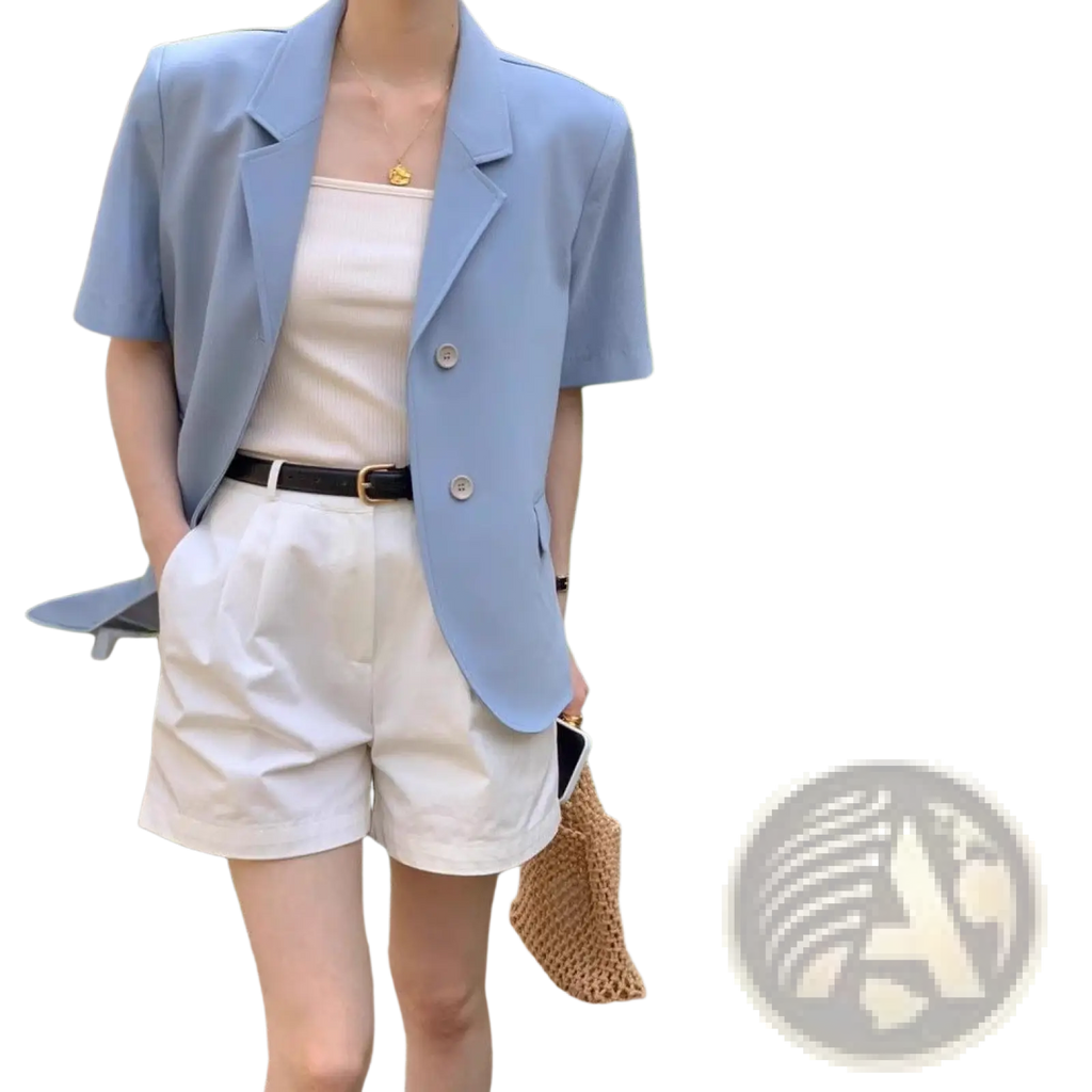 Light blue short sleeve blazer for women with a relaxed fit, structured collar, and two front buttons perfect for casual wear