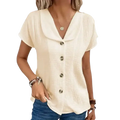 Cream-colored solid short sleeve blouse with textured fabric and dark buttons ideal for summer casual wear