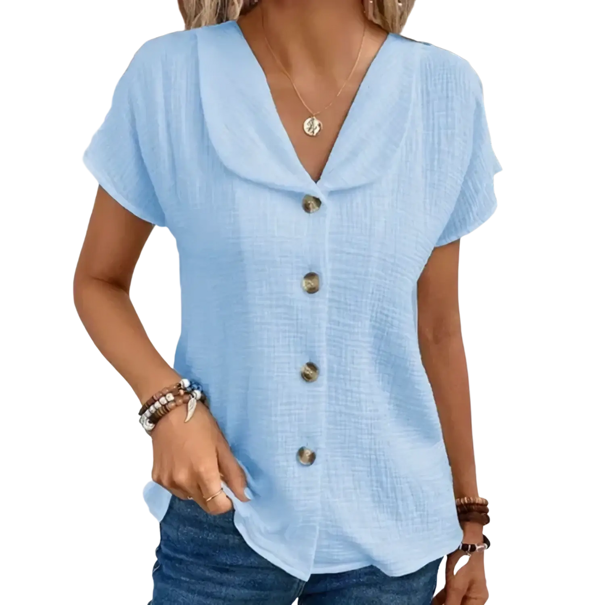 Light blue solid short sleeve blouse with textured fabric and button front perfect for casual summer wear