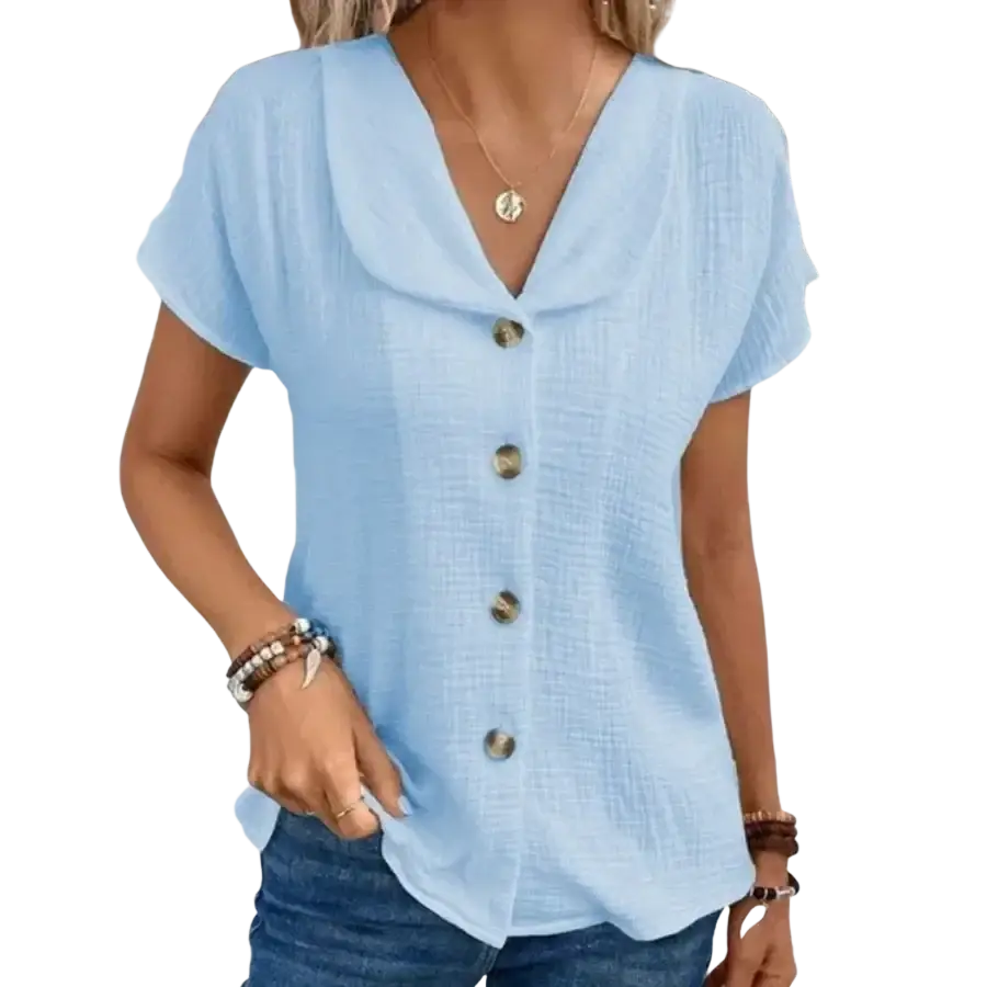 Light blue summer solid short sleeve blouse with textured fabric and wooden buttons for casual wear
