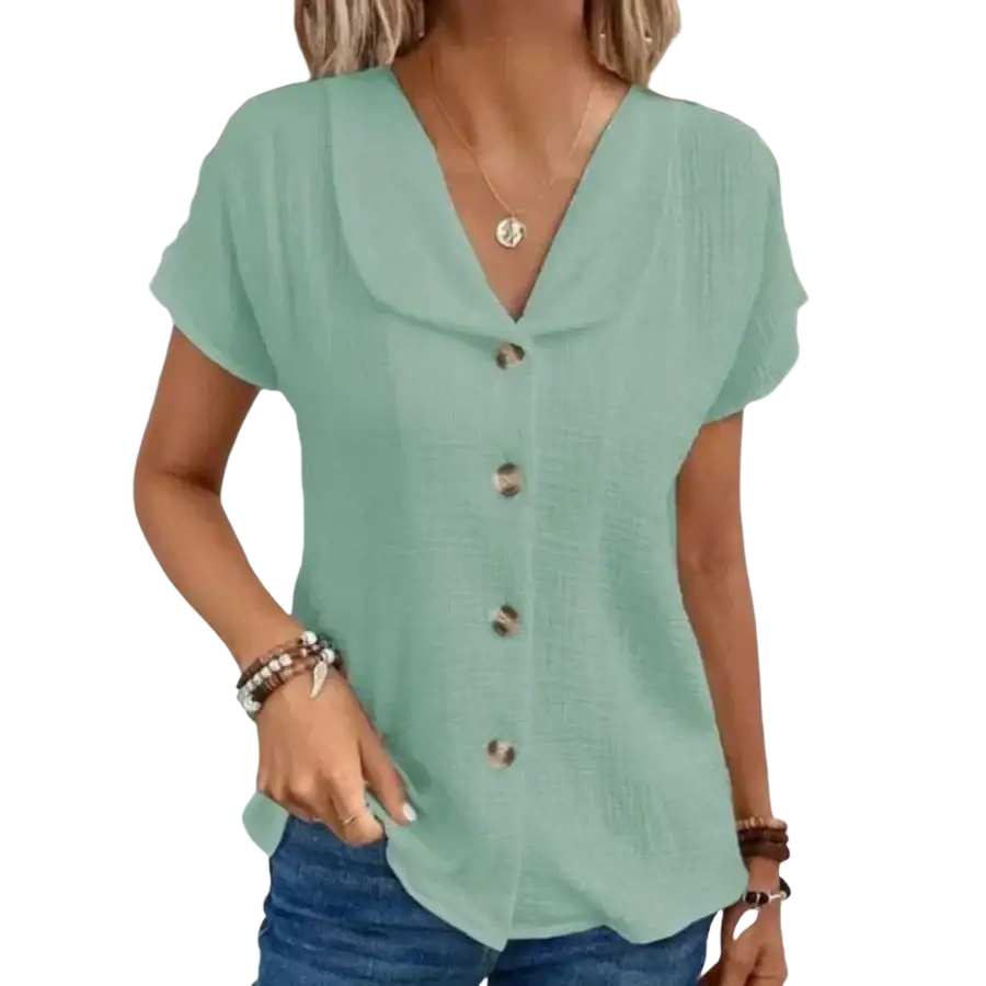 Mint green solid short sleeve blouse with textured fabric v-neck ideal for summer casual wear