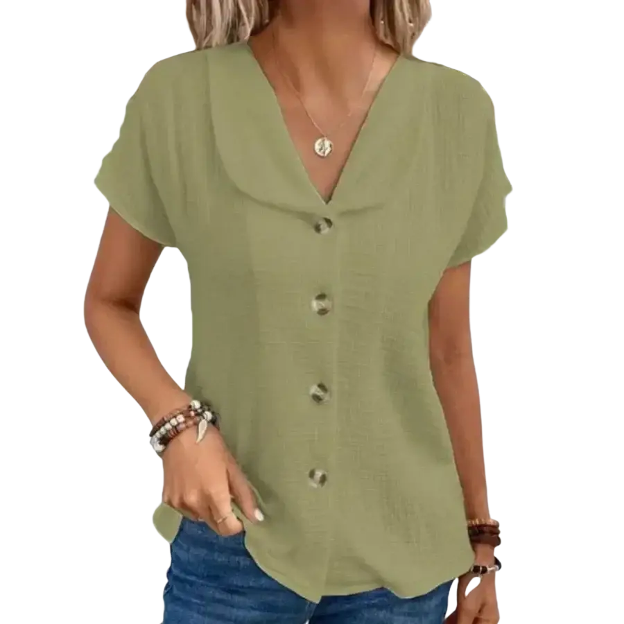 Olive green solid short sleeve blouse with v-neck and subtle pleats perfect for casual summer wear