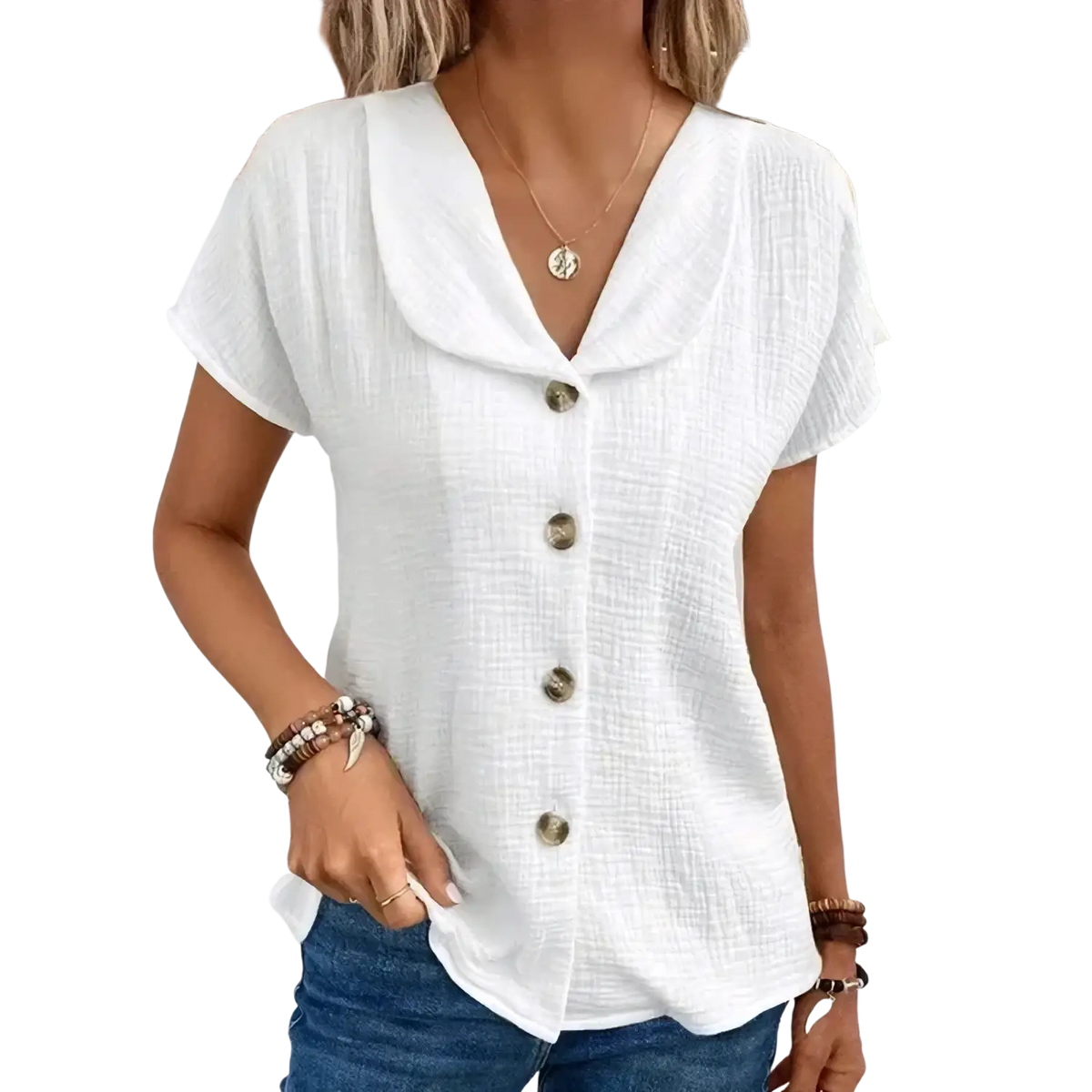 White textured fabric short sleeve blouse with gold toned buttons solid short sleeve summer casual top