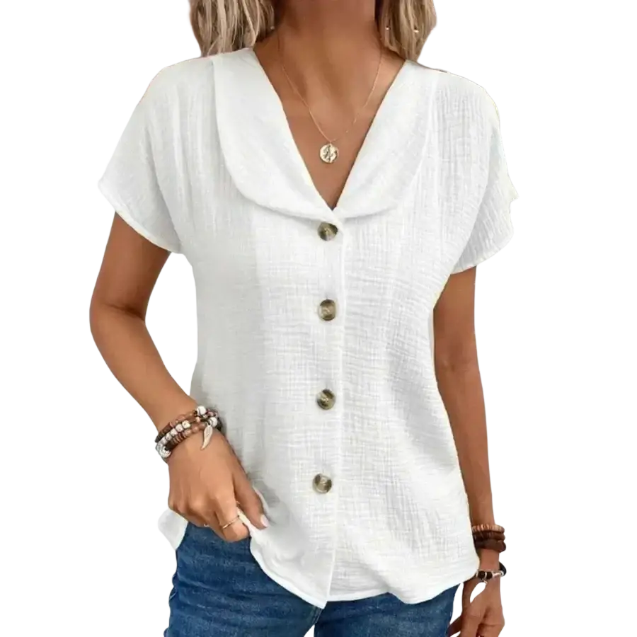 White textured summer solid short sleeve blouse with collar and button front for casual wear