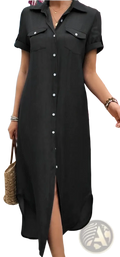 Black short sleeve button down shirt dress with front slit made of lightweight fabric for casual wear
