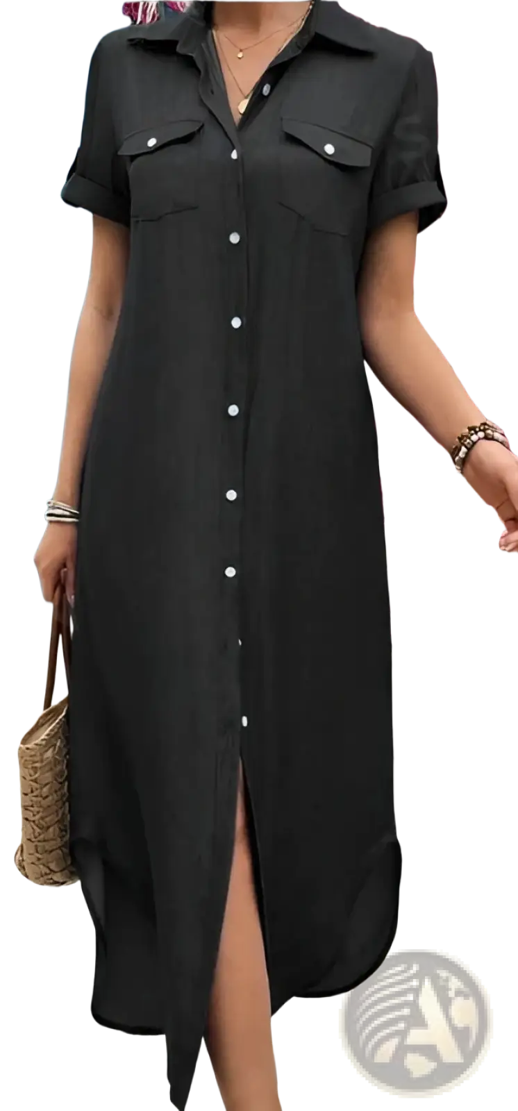Black short sleeve button down shirt dress with front slit made of lightweight fabric for casual wear