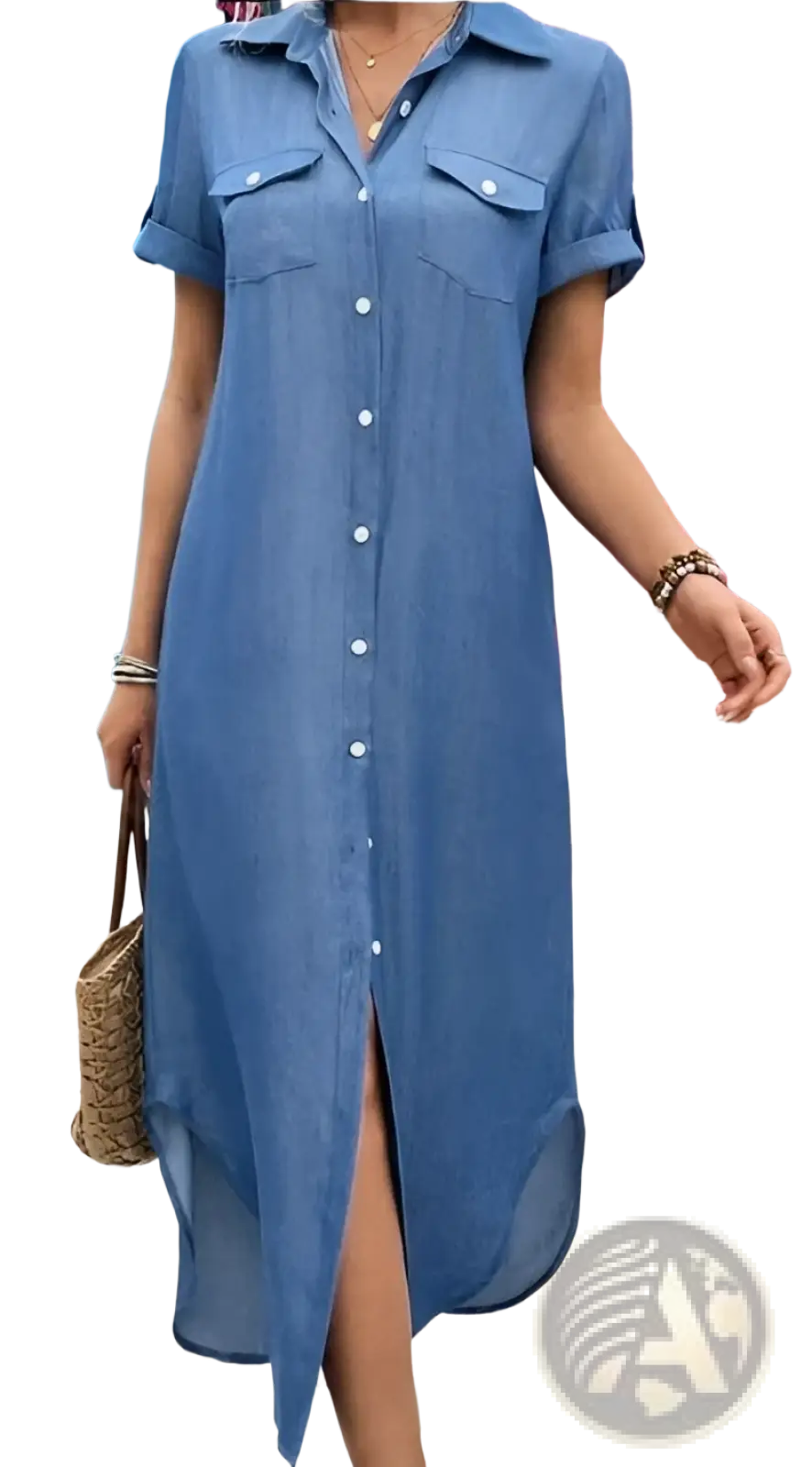 Short sleeve blue denim button down shirt dress with front slit for casual and versatile wear