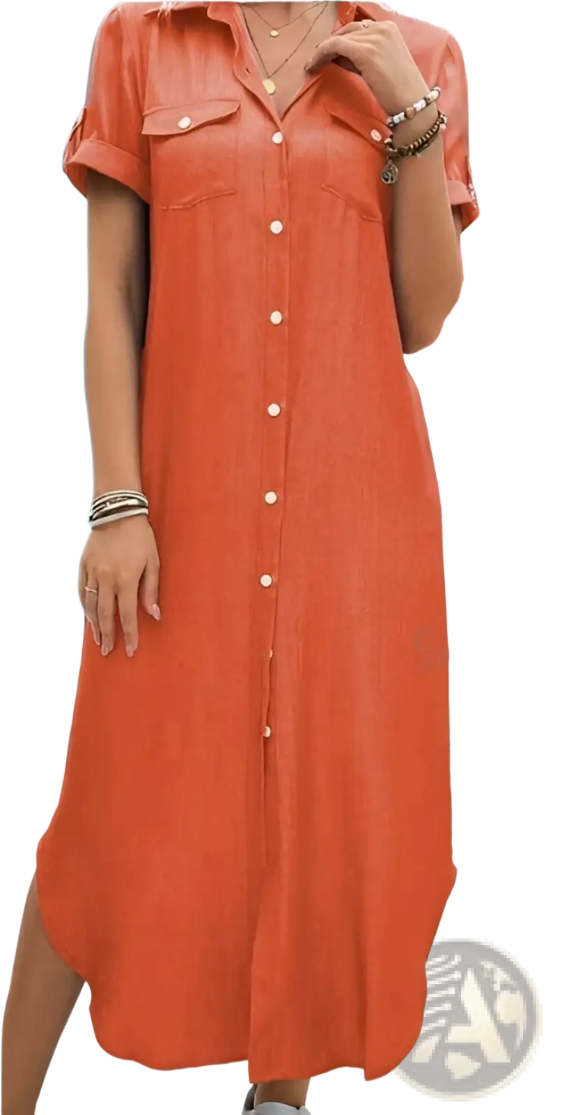 A vibrant orange short sleeve button down linen shirt dress with chest pockets and a side slit