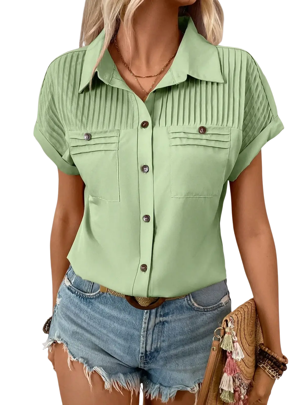 Light green short sleeve button up blouse for women with pleated shoulders and front pockets featuring short sleeve length