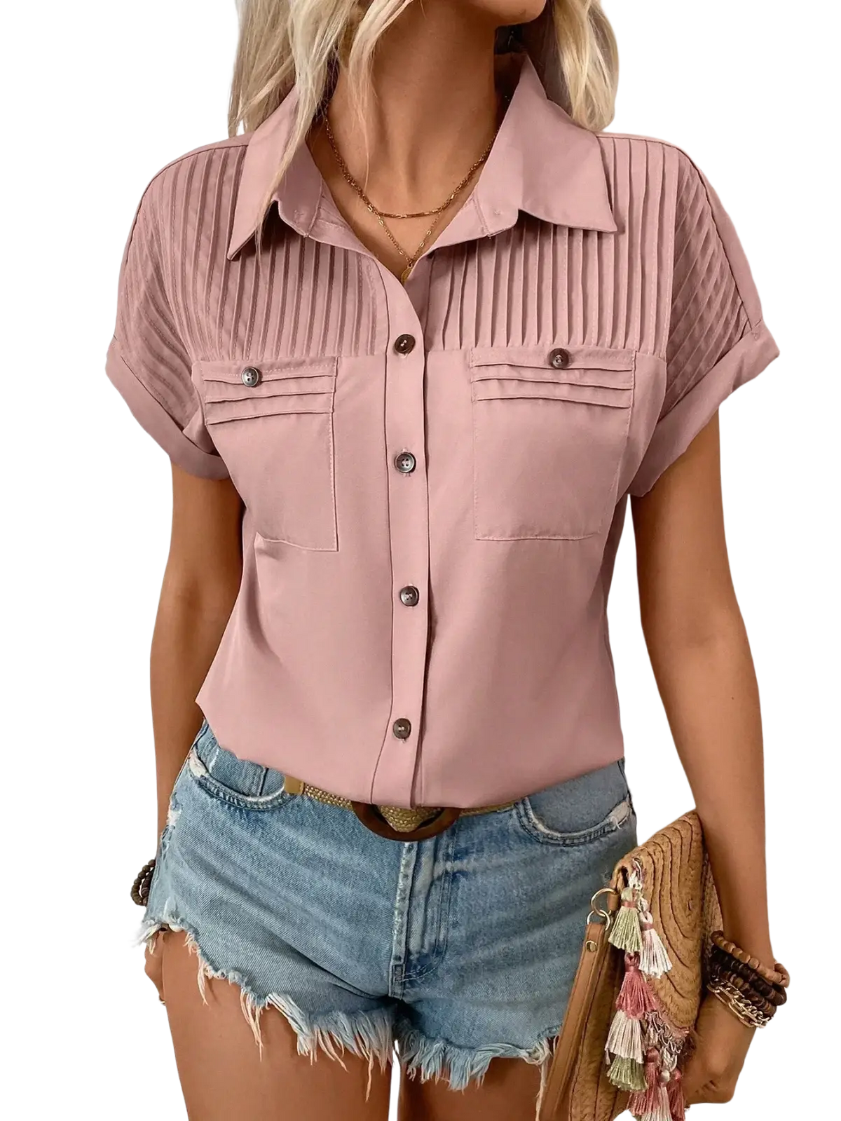 Soft pink short sleeve button up blouse for women with pleated detailing on chest pockets and collar