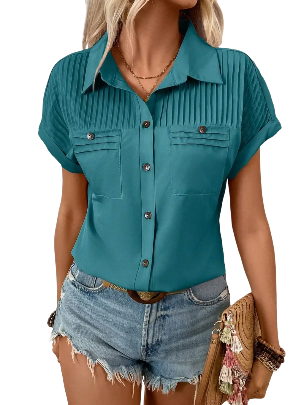 Teal short sleeve button up blouse for women with pleated chest and collar detailing and short sleeve length design